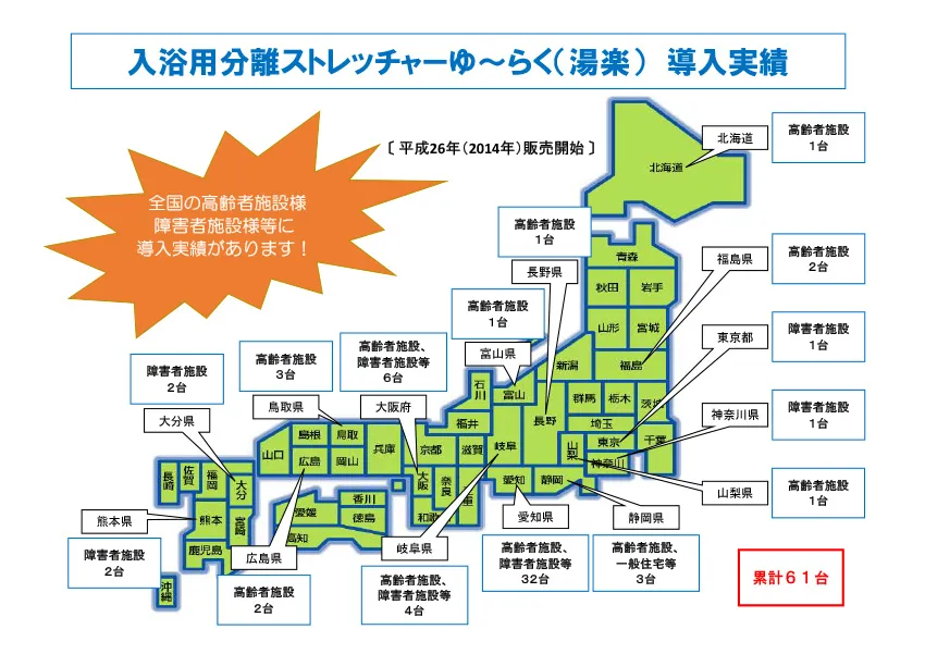 入浴用分離ストレッチャーゆ～らく（湯楽）導入実績